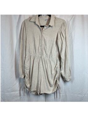 candidly chan linen blend long sleeve ruched romper neutral minimal breathable